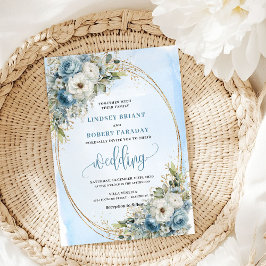 Convites Elegant Dusty Blue Flowers Gold Wedding Invite