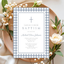 Convites Elegant Dusty Blue Gingham Boy Baptism