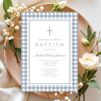 Convites Elegant Dusty Blue Gingham Boy Baptism