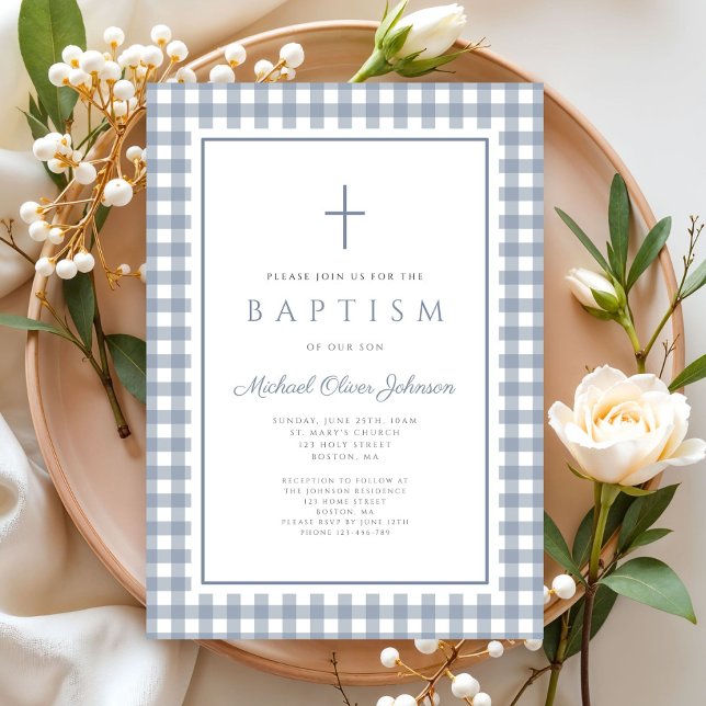 Convites Elegant Dusty Blue Gingham Boy Baptism (Elegant Dusty Blue Gingham Boy Baptism Invitation)