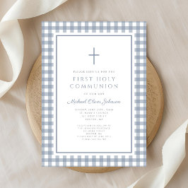 Convites Elegant Dusty Blue Gingham Boy First Communion