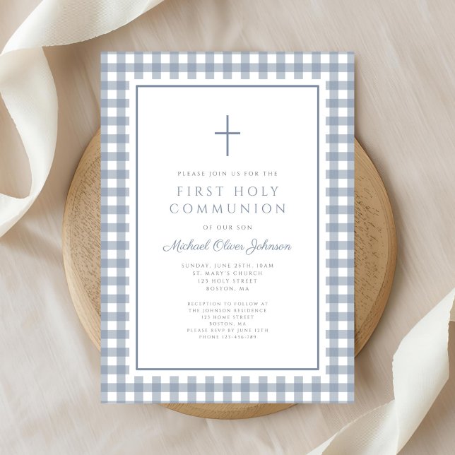 Convites Elegant Dusty Blue Gingham Boy First Communion (Elegant Dusty Blue Gingham Boy First Communion Invitation)