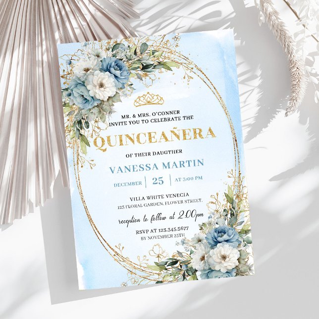 Convites Elegant Dusty Blue Gold Greenery Quinceañera  (Elegant Dusty Blue Gold Greenery Quinceañera Invite)