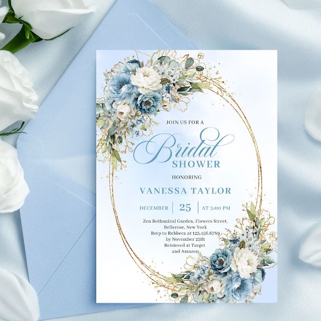 Convites Elegant Dusty Blue Greenery Script Bridal Shower  (Elegant Dusty Blue Greenery Script Bridal Shower Invite)