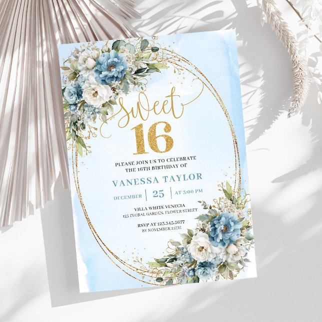 Convites Elegant Dusty Blue Greenery Sweet 16th Birthday  (Elegant Dusty Blue Greenery Sweet 16th Birthday Invite)