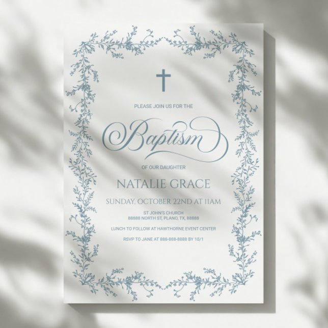 Convites Elegant Dusty Blue Hand Drawn Floral Frame Baptism (Criador carregado)