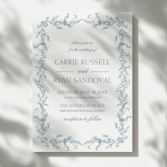 Convites Elegant Dusty Blue Hand Drawn Floral Frame Wedding (Criador carregado)