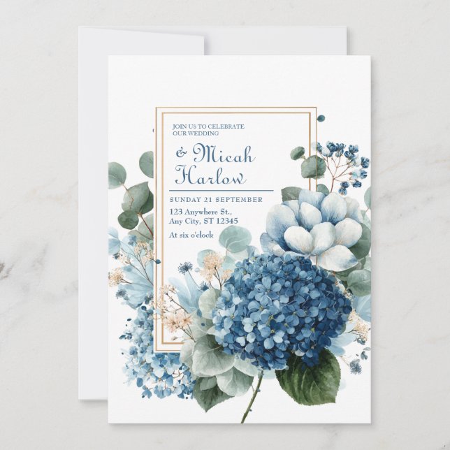 Convites Elegant Dusty Blue Hydrangea Eucalyptus Gold Frame (Frente)