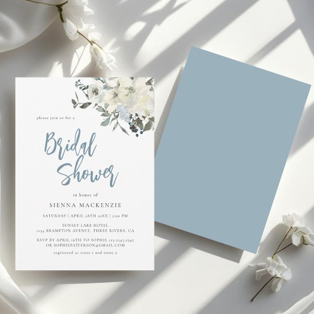 Convites Elegant Dusty Blue Ivory Floral Bridal Shower (Criador carregado)