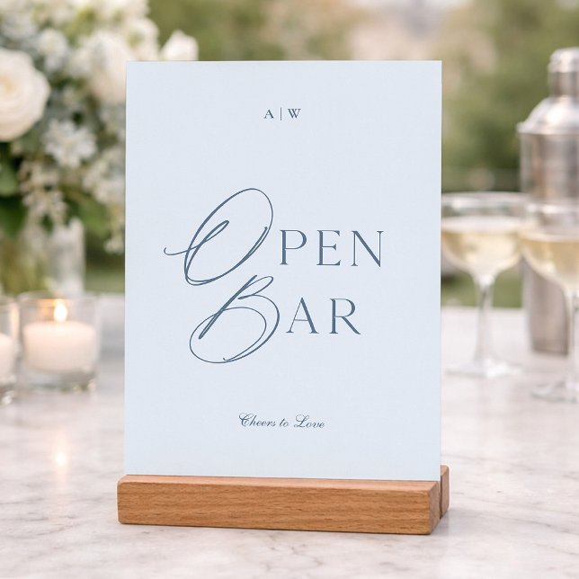 Convites Elegant Dusty Blue Open Bar Wedding Sign (Criador carregado)