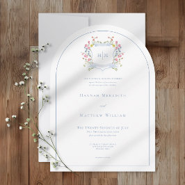 Convites Elegant Dusty Blue Pastel Wildflower Crest Wedding
