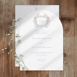 Convites Elegant Dusty Blue Pastel Wildflower Crest Wedding