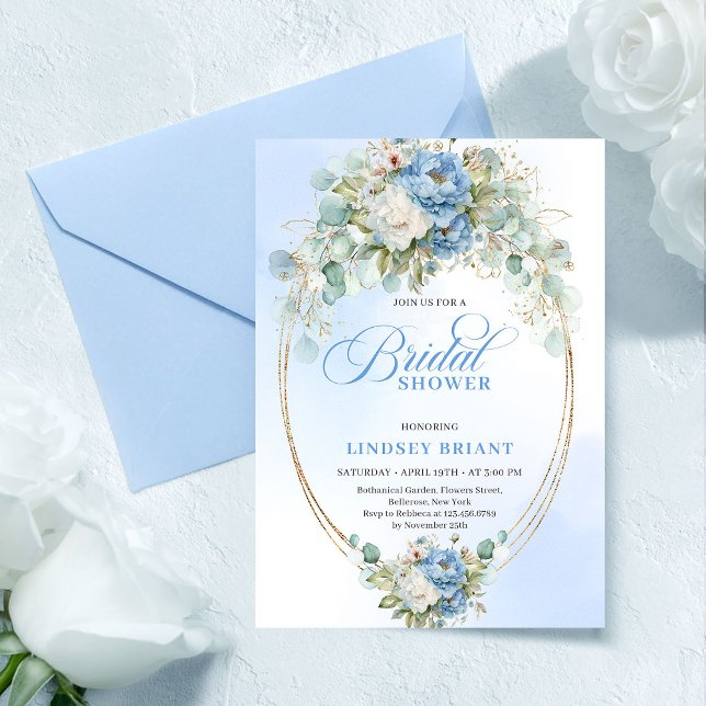 Convites Elegant Dusty Blue Peonies Eucalyptus Gold Bridal  (Elegant Dusty Blue Peonies Eucalyptus Gold Bridal Invite)