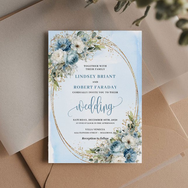 Convites Elegant Dusty Blue Peony Floral Gold Glitter Invit (Elegant Dusty Blue Peony Floral Gold Glitter Invitation)