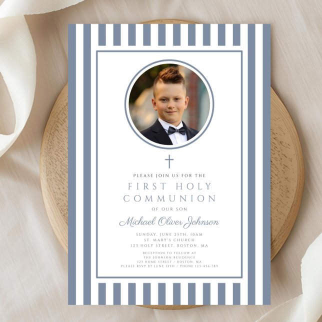 Convites Elegant Dusty Blue Photo Boy First Communion (Elegant Dusty Blue Photo Boy First Communion Invitation)