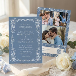 Convites Elegant Dusty Blue Photo Vintage Wedding