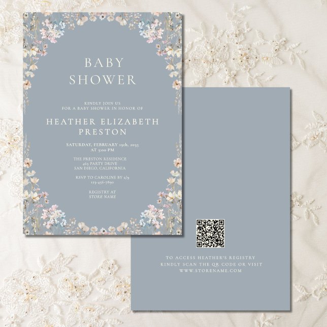 Convites Elegant Dusty Blue QR Code Wildflower Baby Shower  (Criador carregado)