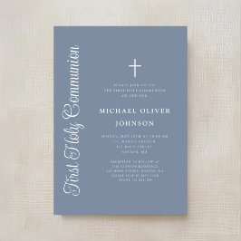 Convites Elegant Dusty Blue Script Boy First Communion