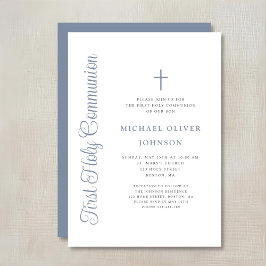 Convites Elegant Dusty Blue Script Boy First Communion