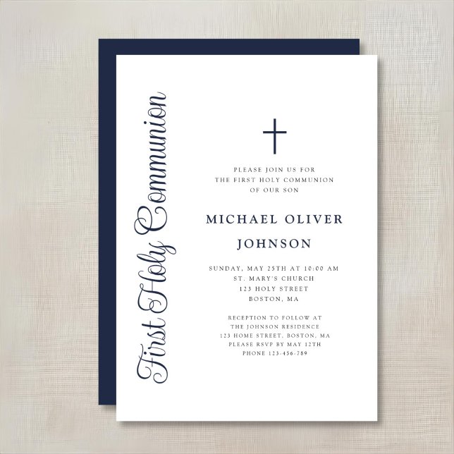 Convites Elegant Dusty Blue Script Boy First Communion (Criador carregado)