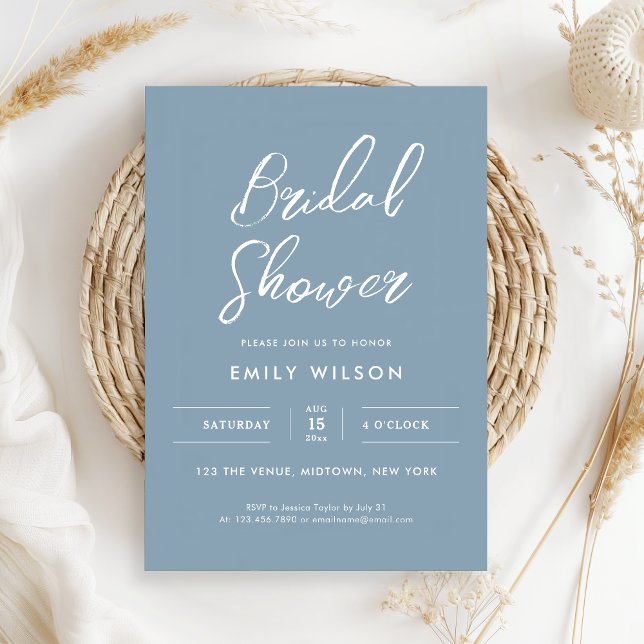 Convites Elegant Dusty Blue Script Typography Bridal Shower (Elegant white calligraphy on a dusty blue background for a simple, minimal style)
