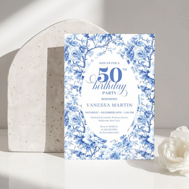Convites Elegant Dusty Blue Toile de Jouy 50th Birthday  (Elegant Dusty Blue Toile de Jouy 50th Birthday Invite)