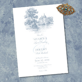 Convites Elegant Dusty Blue Toile French Manor Wedding