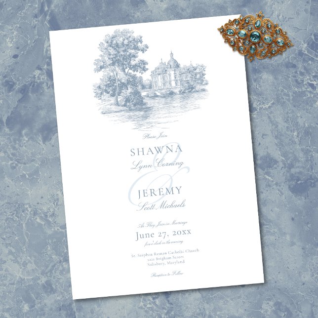 Convites Elegant Dusty Blue Toile French Manor Wedding (Elegant Dusty Blue Toile French Manor Wedding Invitation)