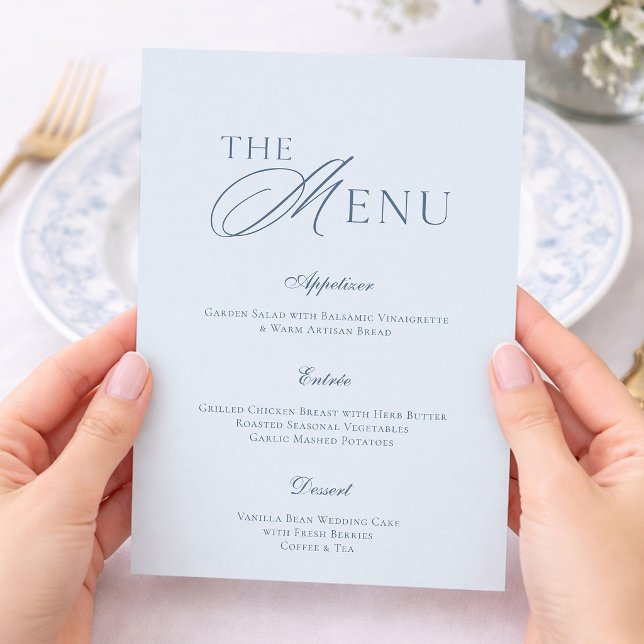 Convites Elegant Dusty Blue Wedding Menu Card (Criador carregado)