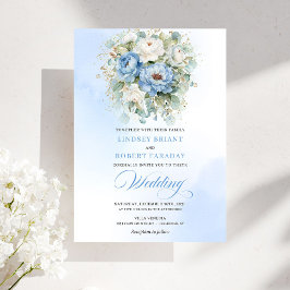 Convites Elegant Dusty Blue White Floral Gold Wedding