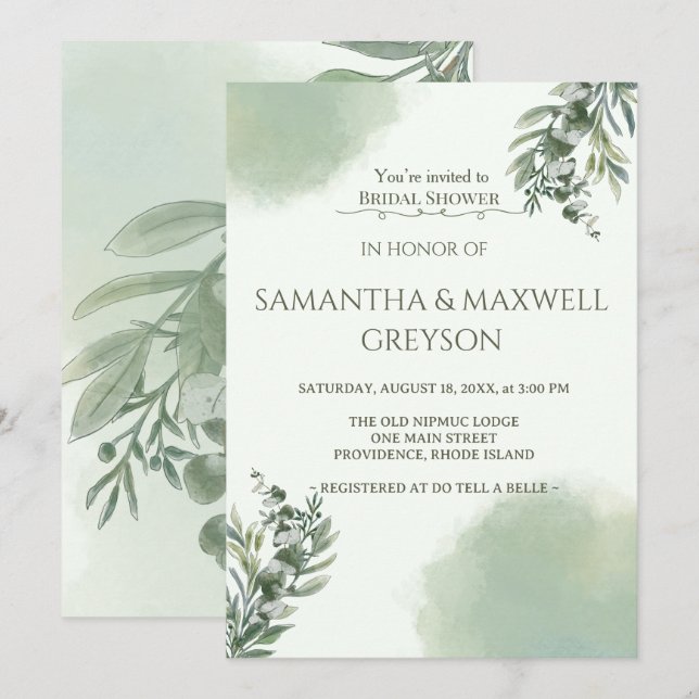 Convites Elegant Dusty Green Script Classic Bridal Shower  (Frente/Verso)