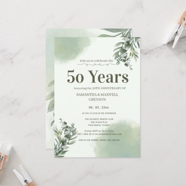 Convites Elegant Dusty Green Script Wedding Anniversary  (Frente/Verso In Situ)