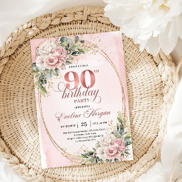 Convites Elegant Dusty Pink Gold Greenery 90th Birthday 
