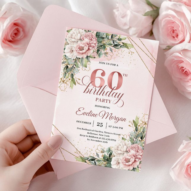 Convites Elegant Dusty Pink Rose Gold 60th Birthday Invite (Elegant Dusty Pink Rose Gold 60th Birthday Invite)