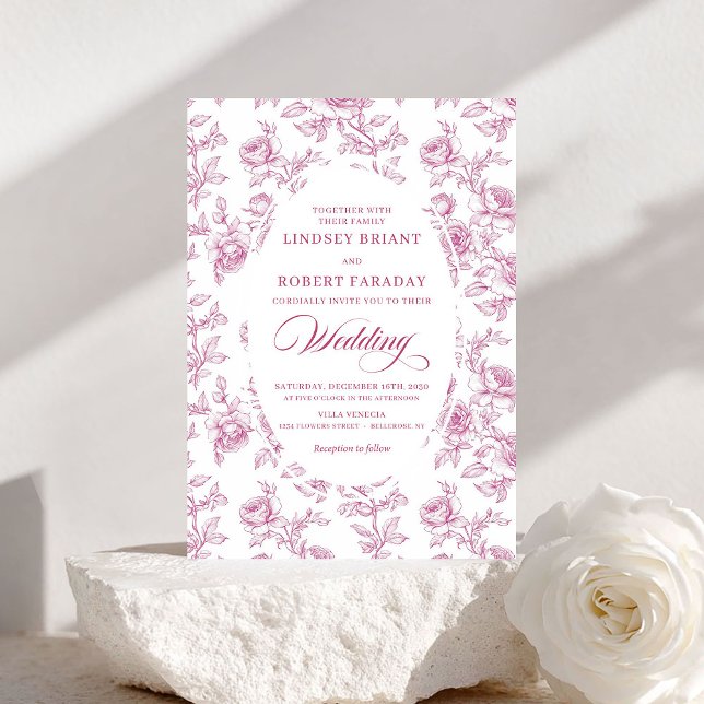 Convites Elegant Dusty Pink Toile Roses Wedding Invitation (Elegant Dusty Pink Toile Roses Wedding Invitation)
