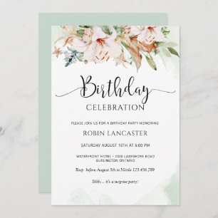 Convites Elegant Dusty Rose and Green Floral Birthday