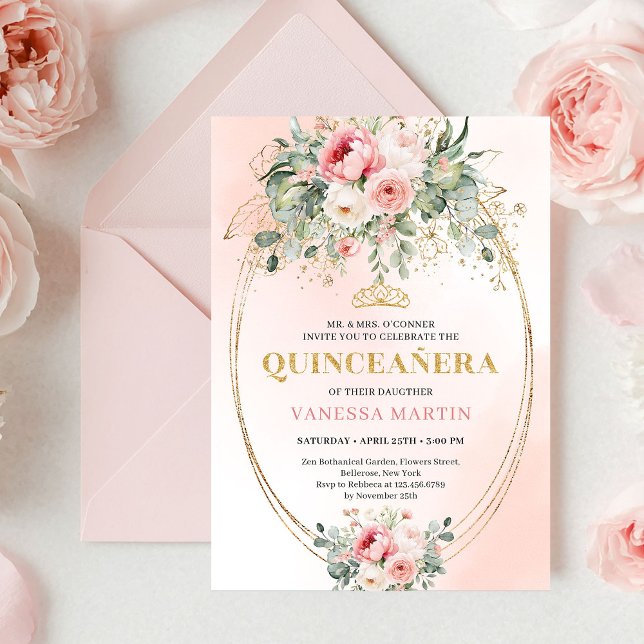 Convites Elegant Dusty Rose Greenery Quinceañera Card (Elegant Dusty Rose Greenery Quinceañera Card

)