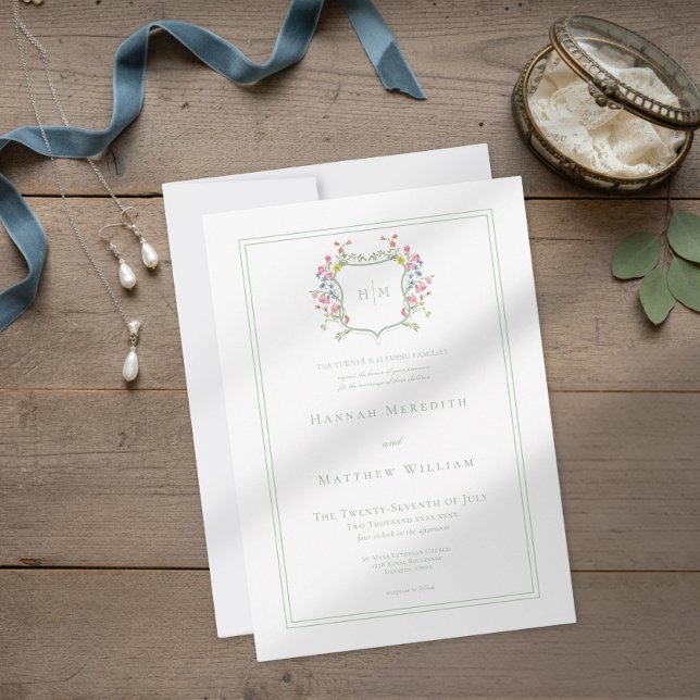 Convites Elegant Dusty Sage Pastel Wildflower Crest Wedding (Criador carregado)