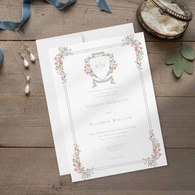 Convites Elegant Dusty Sage Pastel Wildflower Crest Wedding (Criador carregado)