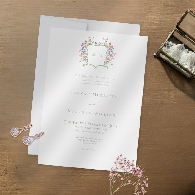 Convites Elegant Dusty Sage Pastel Wildflower Crest Wedding (Criador carregado)