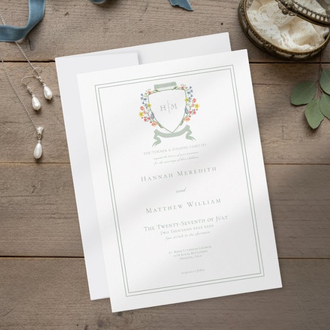 Convites Elegant Dusty Sage Pastel Wildflower Crest Wedding (Criador carregado)
