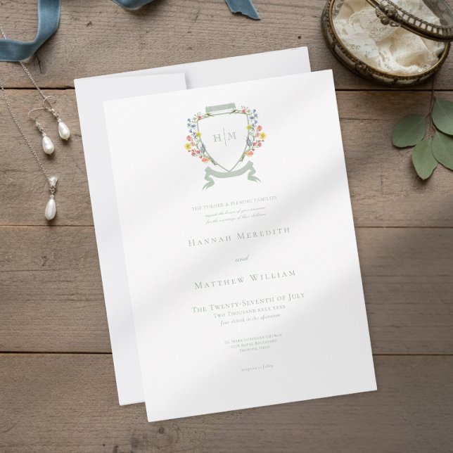 Convites Elegant Dusty Sage Pastel Wildflower Crest Wedding (Criador carregado)