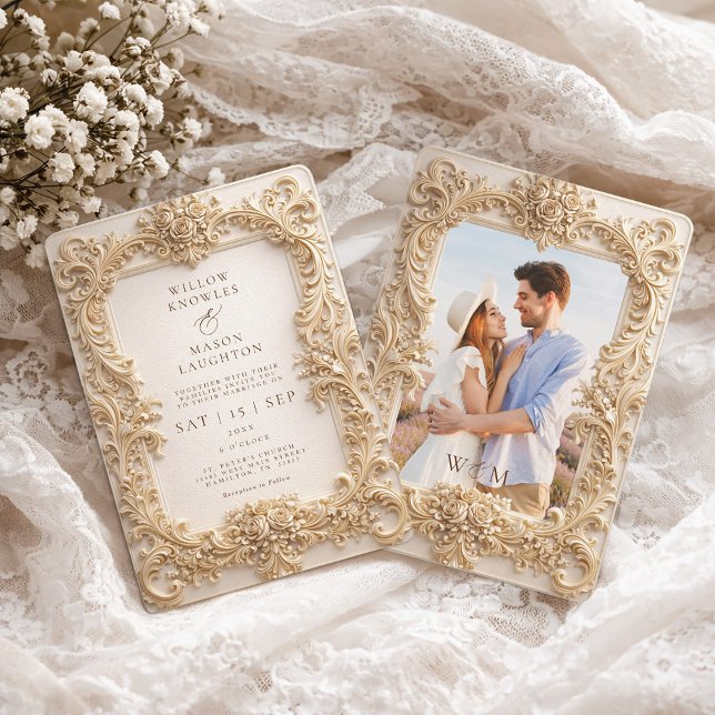 Convites Elegant Embossed Style Frame Baroque Wedding (Elegant Baroque Gold Photo Frame Wedding Invitation)