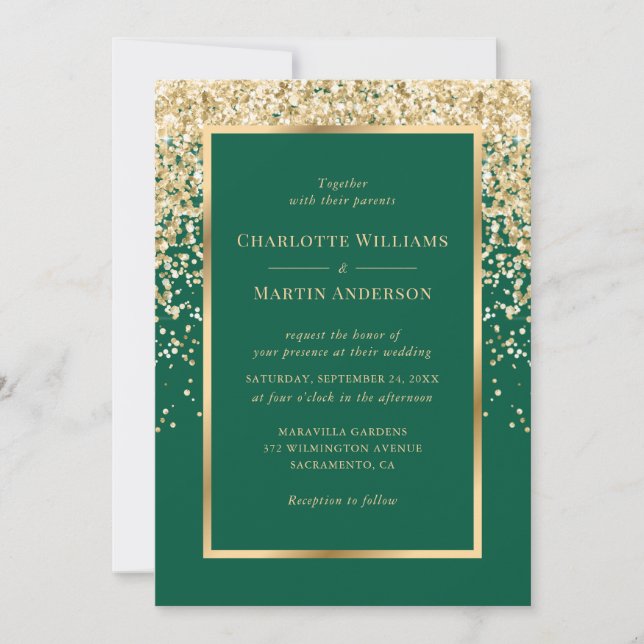 Convites Elegant Emerald and Gold Confetti Wedding (Frente)