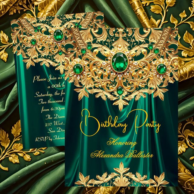 Convites Elegant Emerald gems Gold Lace Damask Birthday (Criador carregado)