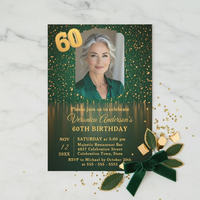 Convites Elegant Emerald Gold Glitter 60th Birthday Party (Criador carregado)