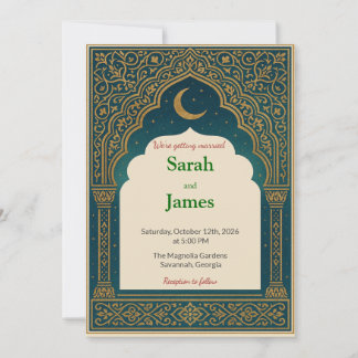 Convites Elegant Emerald & Gold Ornate Arch Wedding Invitat