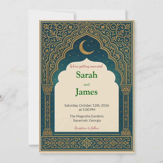 Convites Elegant Emerald & Gold Ornate Arch Wedding Invitat (Frente)