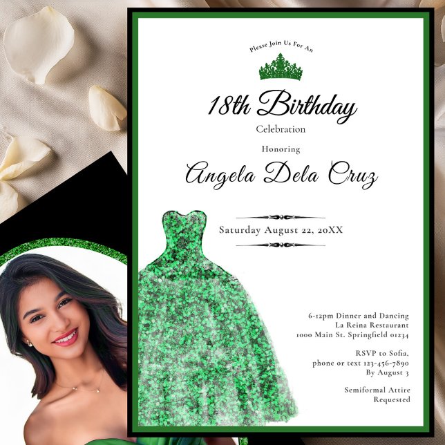 Convites Elegant emerald green dress 18th birthday debut (Criador carregado)