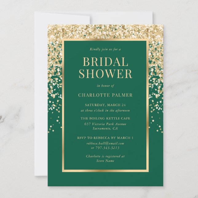 Convites Elegant Emerald Green Gold Confetti Bridal Shower (Frente)